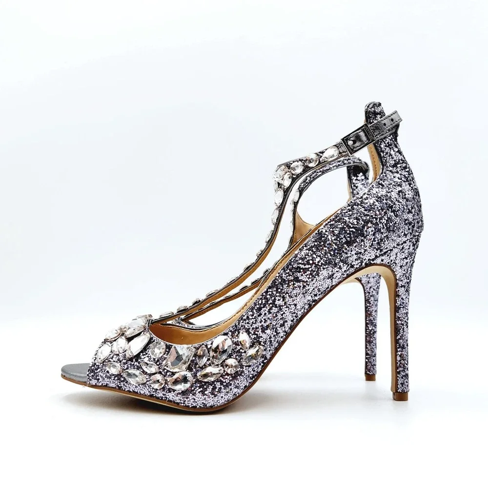 Badgley Mischka Women Silver Crystal Embellished T-Strap Heeled Pumps Size 9_7